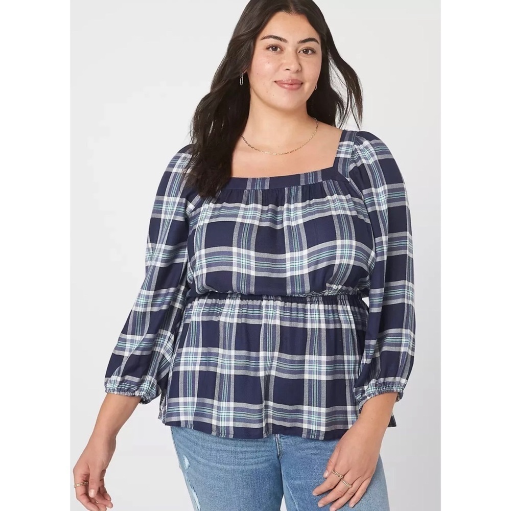 Lane Bryant Plaid Square Neck 3/4 Sleeve Peplum Blouse Top Navy White Size 28